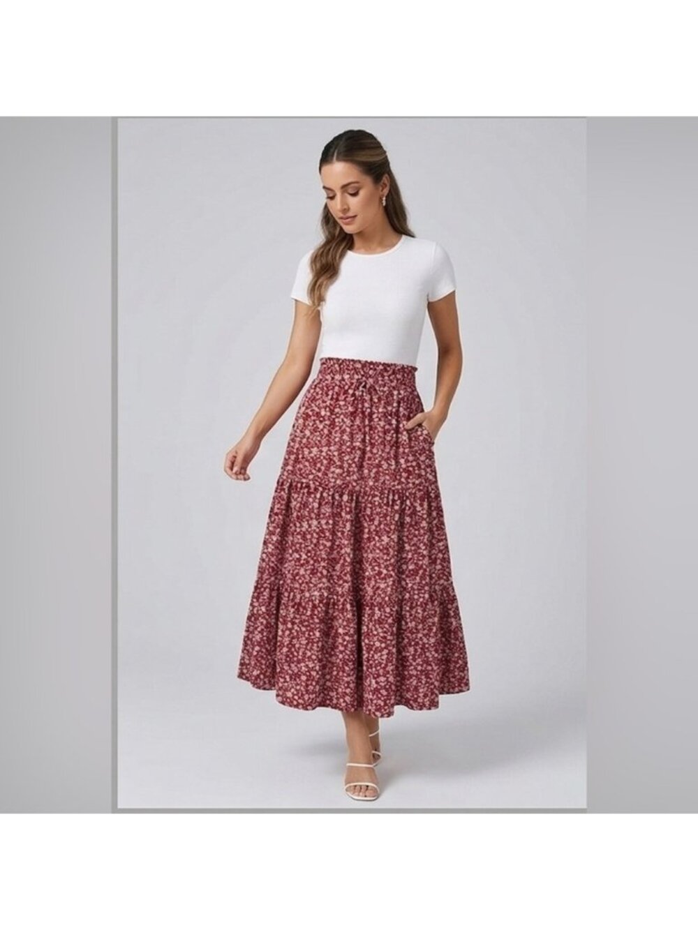 Red Boho Floral Print Tiered Ruched Skirt